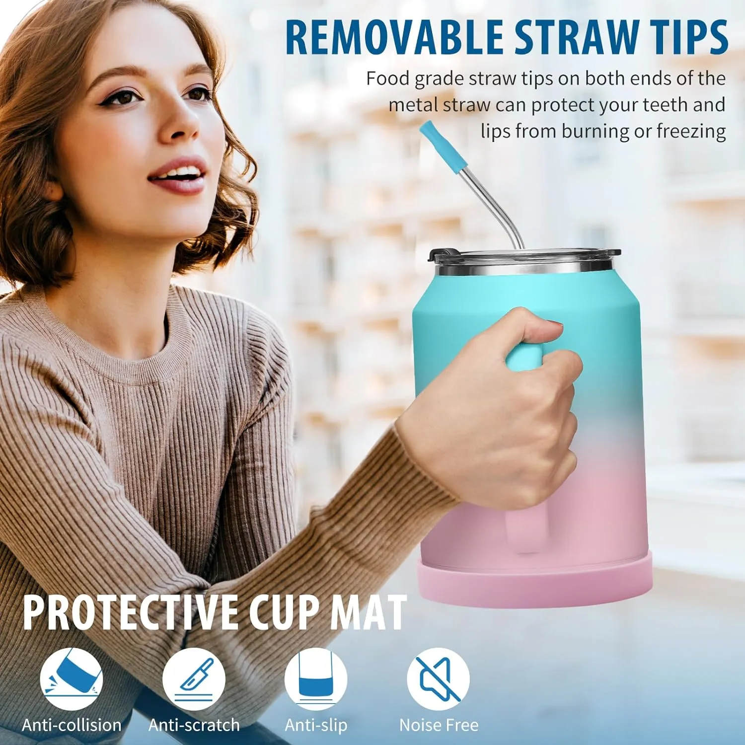 32oz Coffee Tumbler with Handle and Straw - Drink Lid & Protective Cup Mat, Stainless Steel Double Wall Insulated Tumblers, 32 oz Water Bottle Keep Cold 36 Hot 24 H, Home Office Work Extra Large Mug