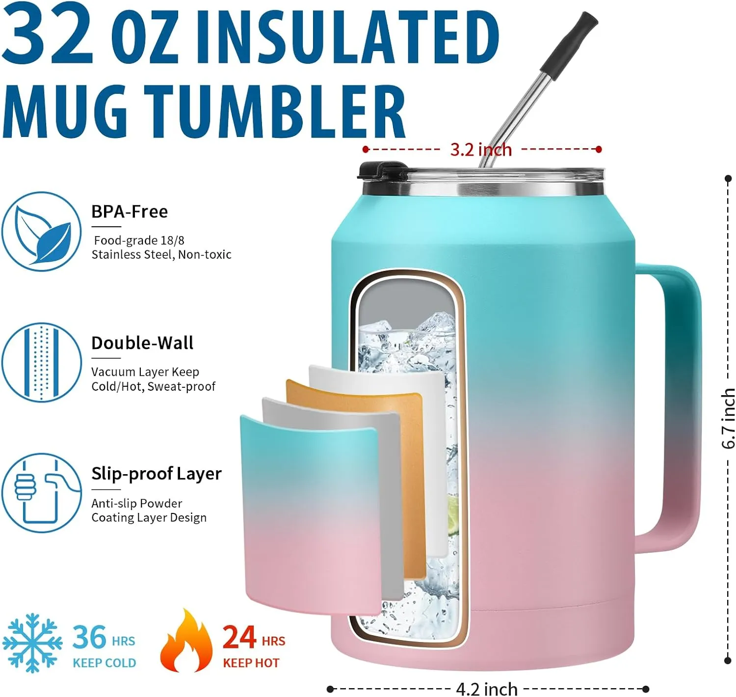 32oz Coffee Tumbler with Handle and Straw - Drink Lid & Protective Cup Mat, Stainless Steel Double Wall Insulated Tumblers, 32 oz Water Bottle Keep Cold 36 Hot 24 H, Home Office Work Extra Large Mug