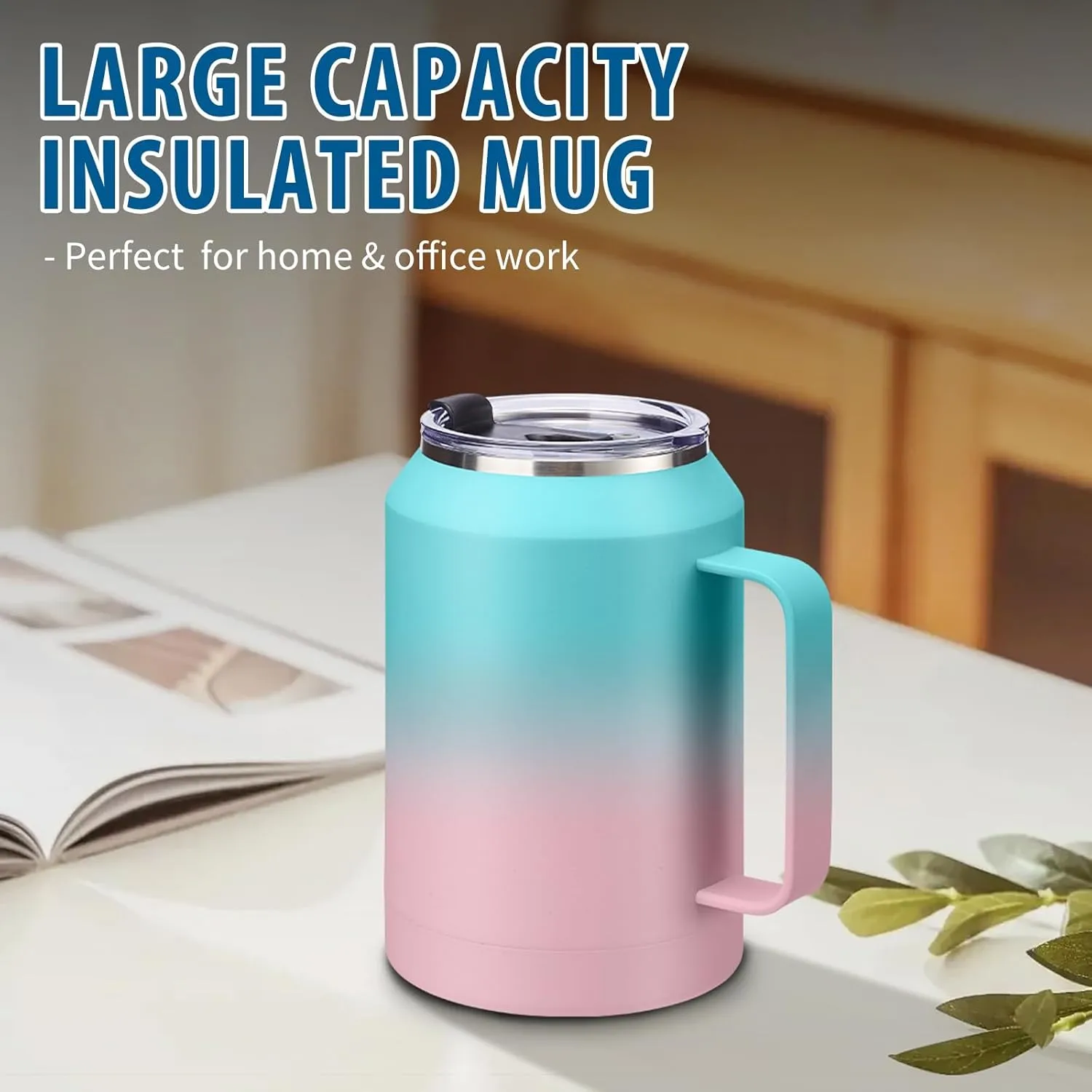 32oz Coffee Tumbler with Handle and Straw - Drink Lid & Protective Cup Mat, Stainless Steel Double Wall Insulated Tumblers, 32 oz Water Bottle Keep Cold 36 Hot 24 H, Home Office Work Extra Large Mug