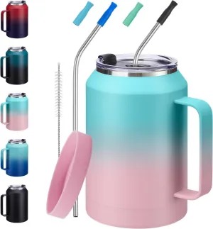 32oz Coffee Tumbler with Handle and Straw - Drink Lid & Protective Cup Mat, Stainless Steel Double Wall Insulated Tumblers, 32 oz Water Bottle Keep Cold 36 Hot 24 H, Home Office Work Extra Large Mug