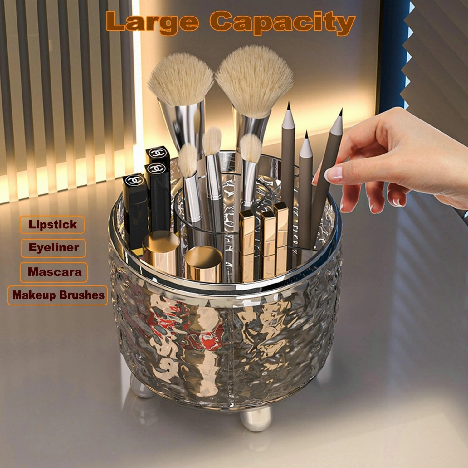 360 Rotating Makeup Brush Holder with Lid Dustproof Spinning Brush Storage for Bathroom Countertop, Cosmetic Tools Organizer with Cover for Vanity (Clear)