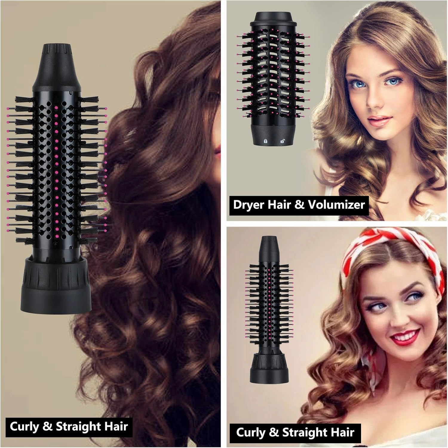3 in 1 Hair Dryer & Volumizer, Ceramic Negative Ion Curling Dryer Styler with 3 Brush Heads (Rose Black)