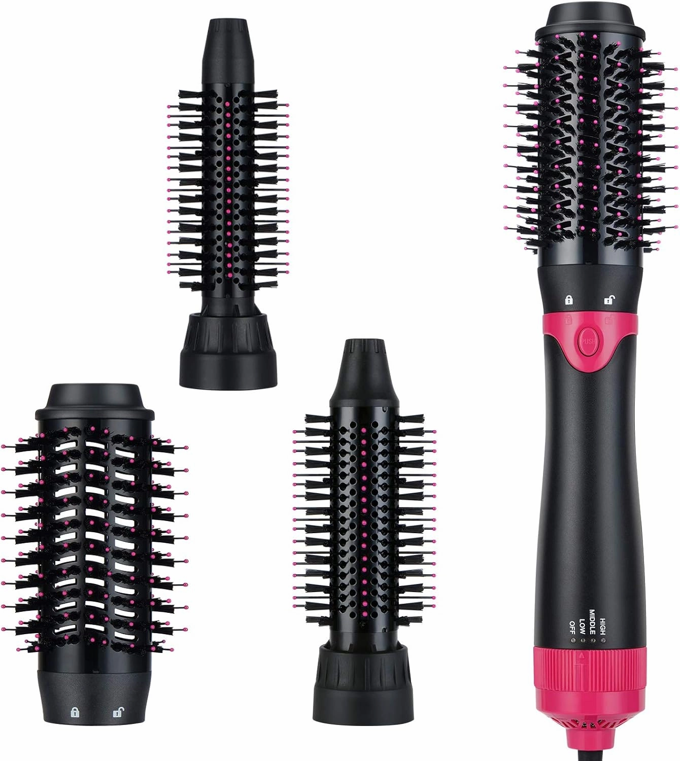 3 in 1 Hair Dryer & Volumizer, Ceramic Negative Ion Curling Dryer Styler with 3 Brush Heads (Rose Black)