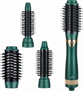 3 in 1 Hair Dryer & Volumizer, Ceramic Negative Ion Curling Dryer Styler with 3 Interchangerable Brush Heads (Green)