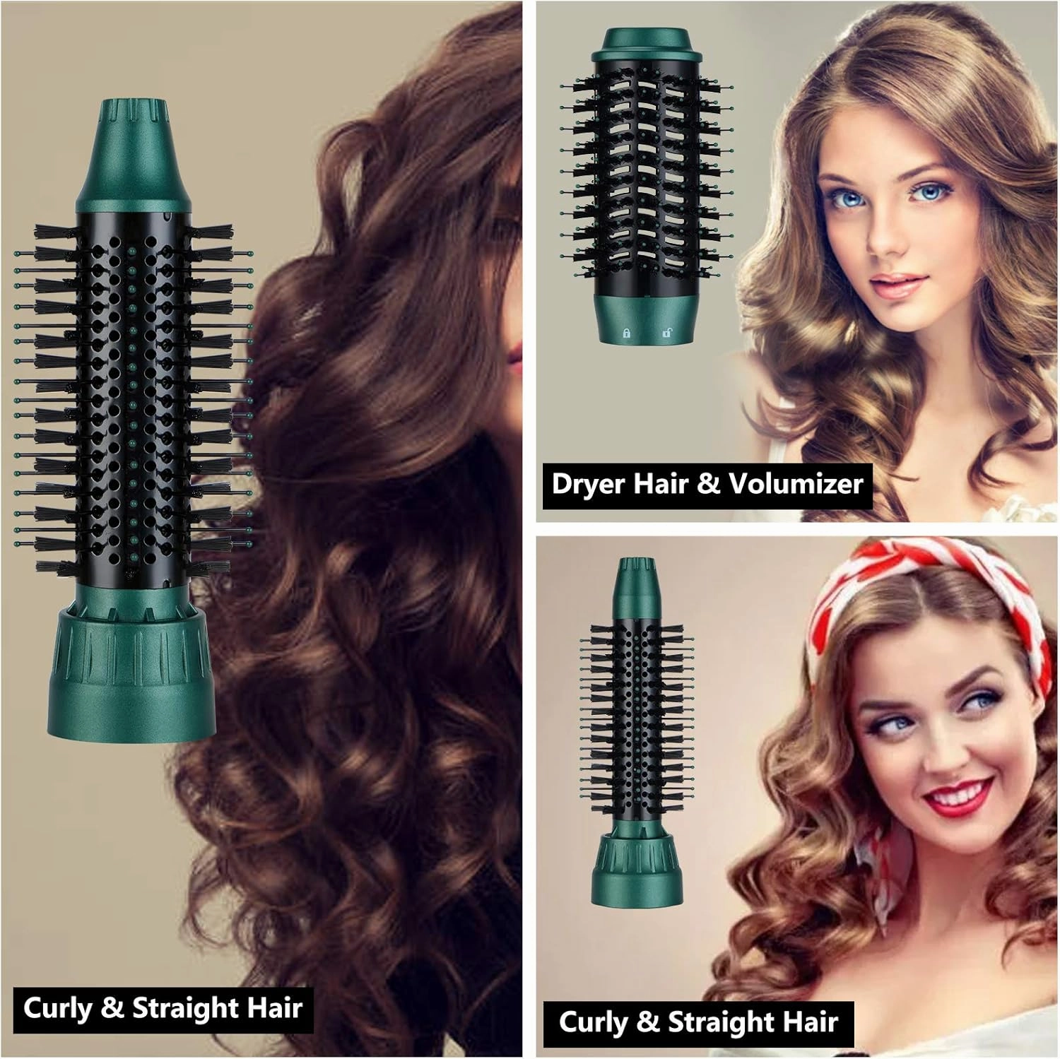 3 in 1 Hair Dryer & Volumizer, Ceramic Negative Ion Curling Dryer Styler with 3 Interchangerable Brush Heads (Green)