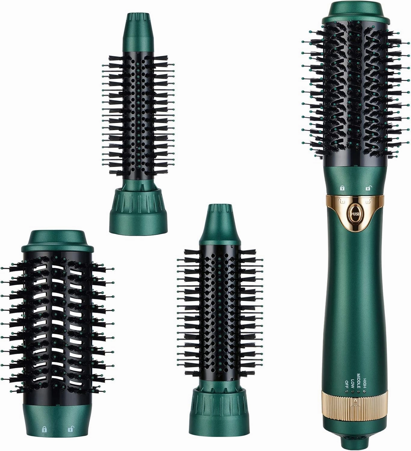 3 in 1 Hair Dryer & Volumizer, Ceramic Negative Ion Curling Dryer Styler with 3 Interchangerable Brush Heads (Green)