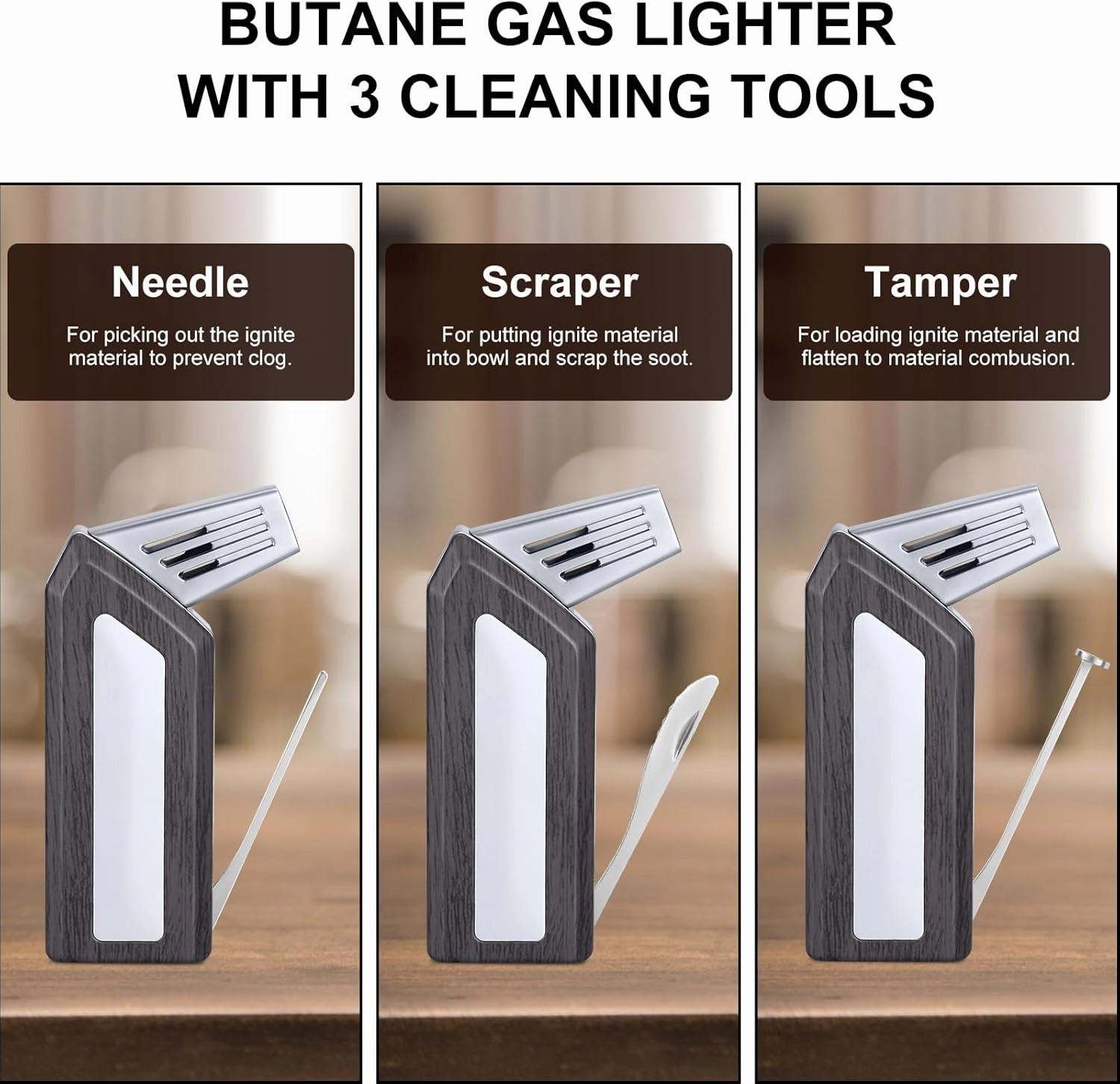 3 in 1 Refillable Butane Lighter with 3 Clean Tools, Angled Soft Flame for Candle & Fireplace, Delicate Gift for Men with Sandalwood Brush