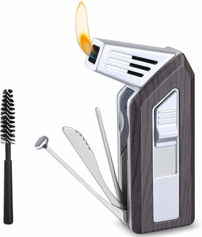 3 in 1 Refillable Butane Lighter with 3 Clean Tools, Angled Soft Flame for Candle & Fireplace, Delicate Gift for Men with Sandalwood Brush