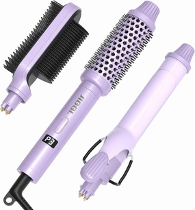 3-in-1 Travel 1.25" Curling Iron, 1.5" Heated Round Thermal Brush & Hair Straightener Combo for Women, Dual Voltage for Straightening, Curling, and Blowout, for Short/Long Hair, Purple