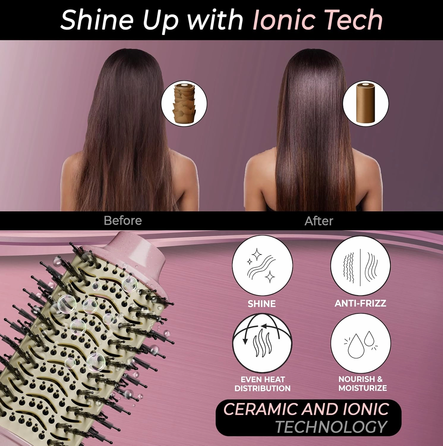 3” Large Barrel Ionic Hot Air Brush Hair Dryer – 75 mm One‑Step Volumizer Blowout Brush for Thick & Long Hair, 1100 W Plastic‑Tourmaline, Frizz Control, 3 Heat / 2 Speed, 13” Length