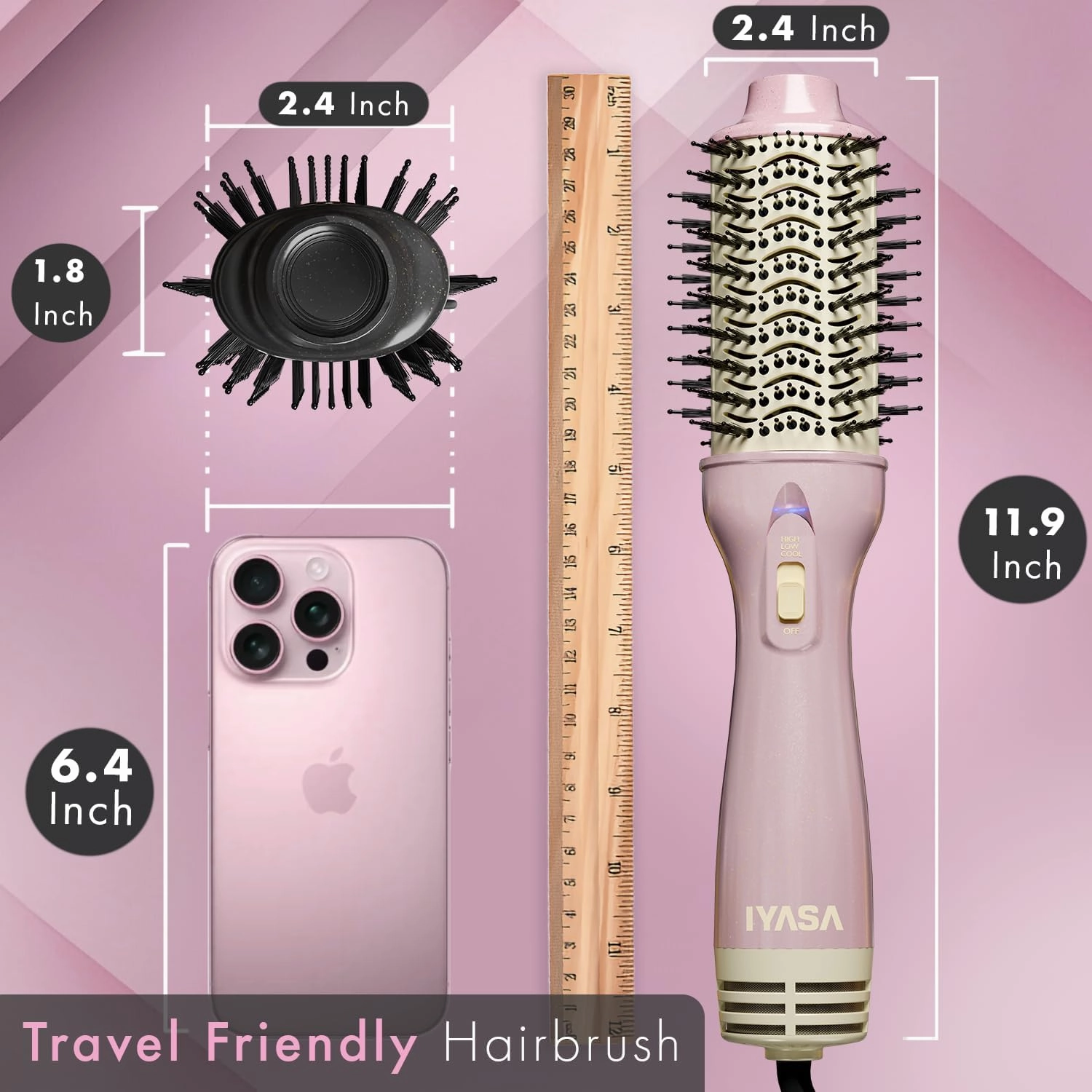 3” Large Barrel Ionic Hot Air Brush Hair Dryer – 75 mm One‑Step Volumizer Blowout Brush for Thick & Long Hair, 1100 W Plastic‑Tourmaline, Frizz Control, 3 Heat / 2 Speed, 13” Length