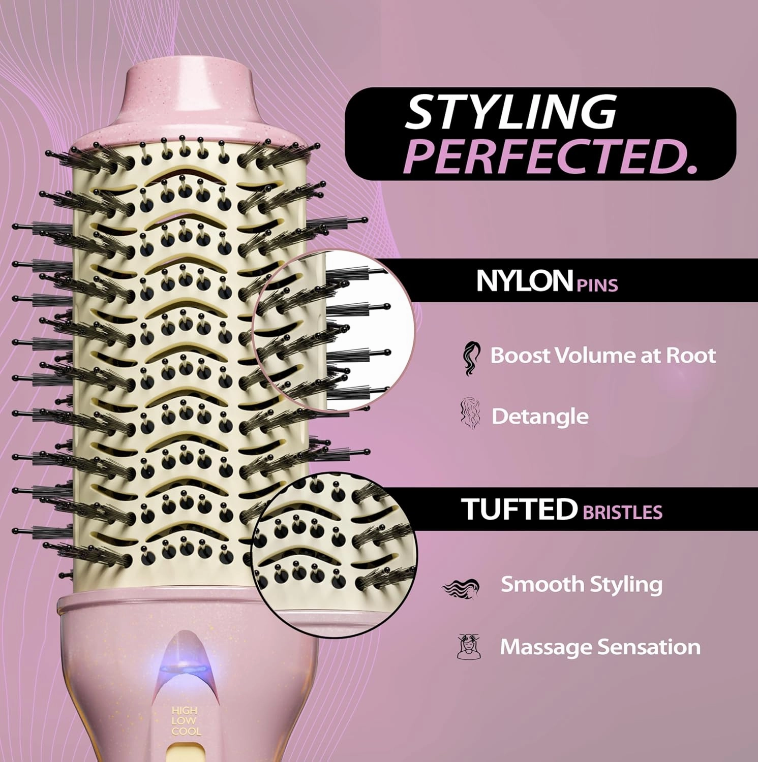 3” Large Barrel Ionic Hot Air Brush Hair Dryer – 75 mm One‑Step Volumizer Blowout Brush for Thick & Long Hair, 1100 W Plastic‑Tourmaline, Frizz Control, 3 Heat / 2 Speed, 13” Length