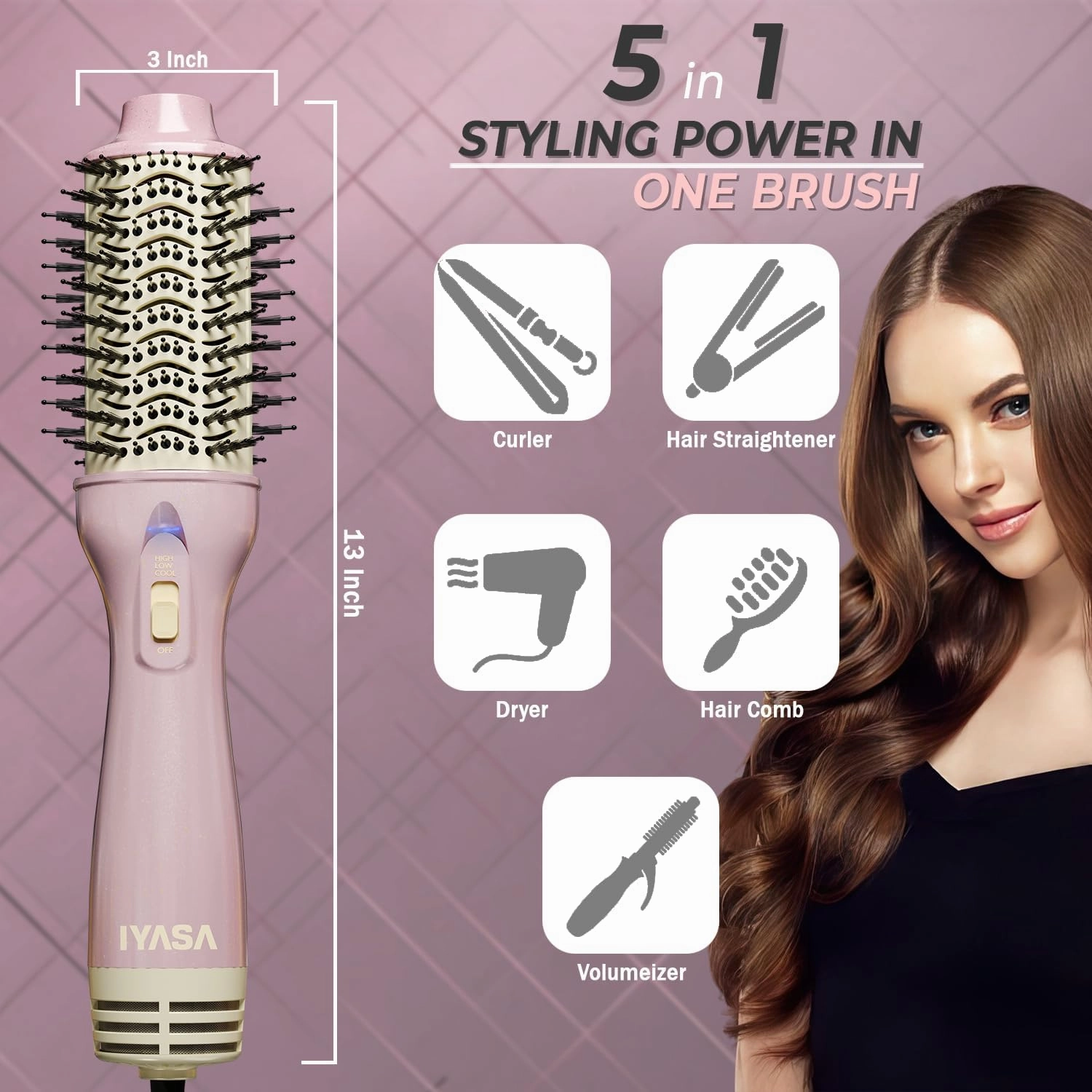 3” Large Barrel Ionic Hot Air Brush Hair Dryer – 75 mm One‑Step Volumizer Blowout Brush for Thick & Long Hair, 1100 W Plastic‑Tourmaline, Frizz Control, 3 Heat / 2 Speed, 13” Length