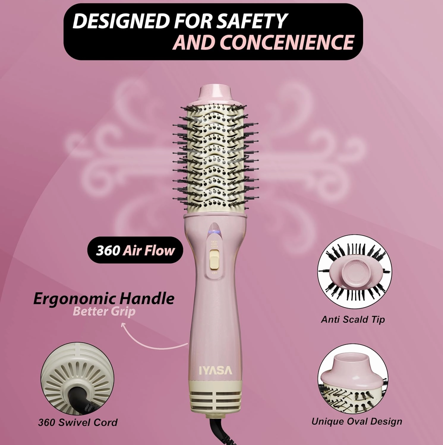 3” Large Barrel Ionic Hot Air Brush Hair Dryer – 75 mm One‑Step Volumizer Blowout Brush for Thick & Long Hair, 1100 W Plastic‑Tourmaline, Frizz Control, 3 Heat / 2 Speed, 13” Length