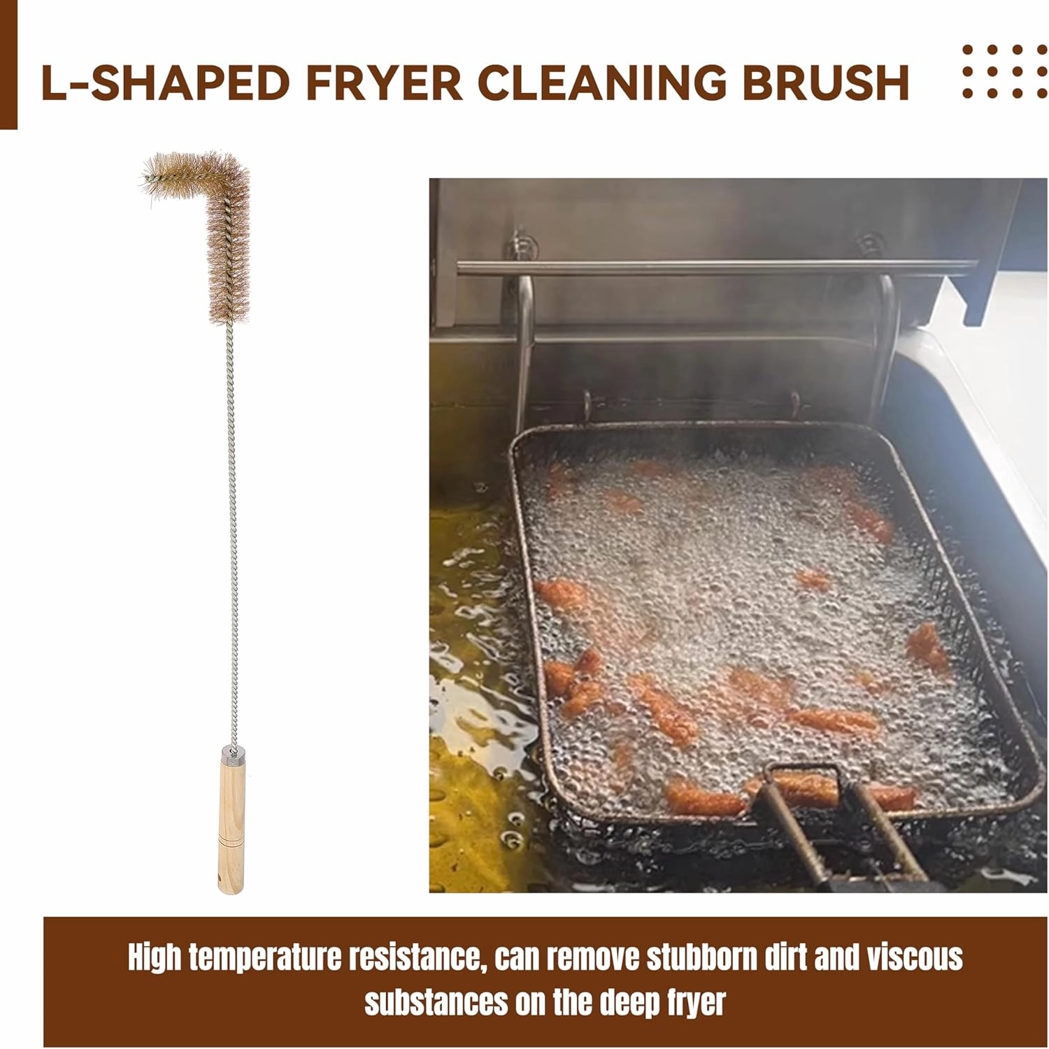 3 Pcs Fryer Cleaning Tools Including L Shaped Brass Bristles Fryer Deep Cleaning Brush, Fryer Deep Cleanout Rod, Long Handle Fryer Basket Brush for Restaurant Air Fryer Cleaning