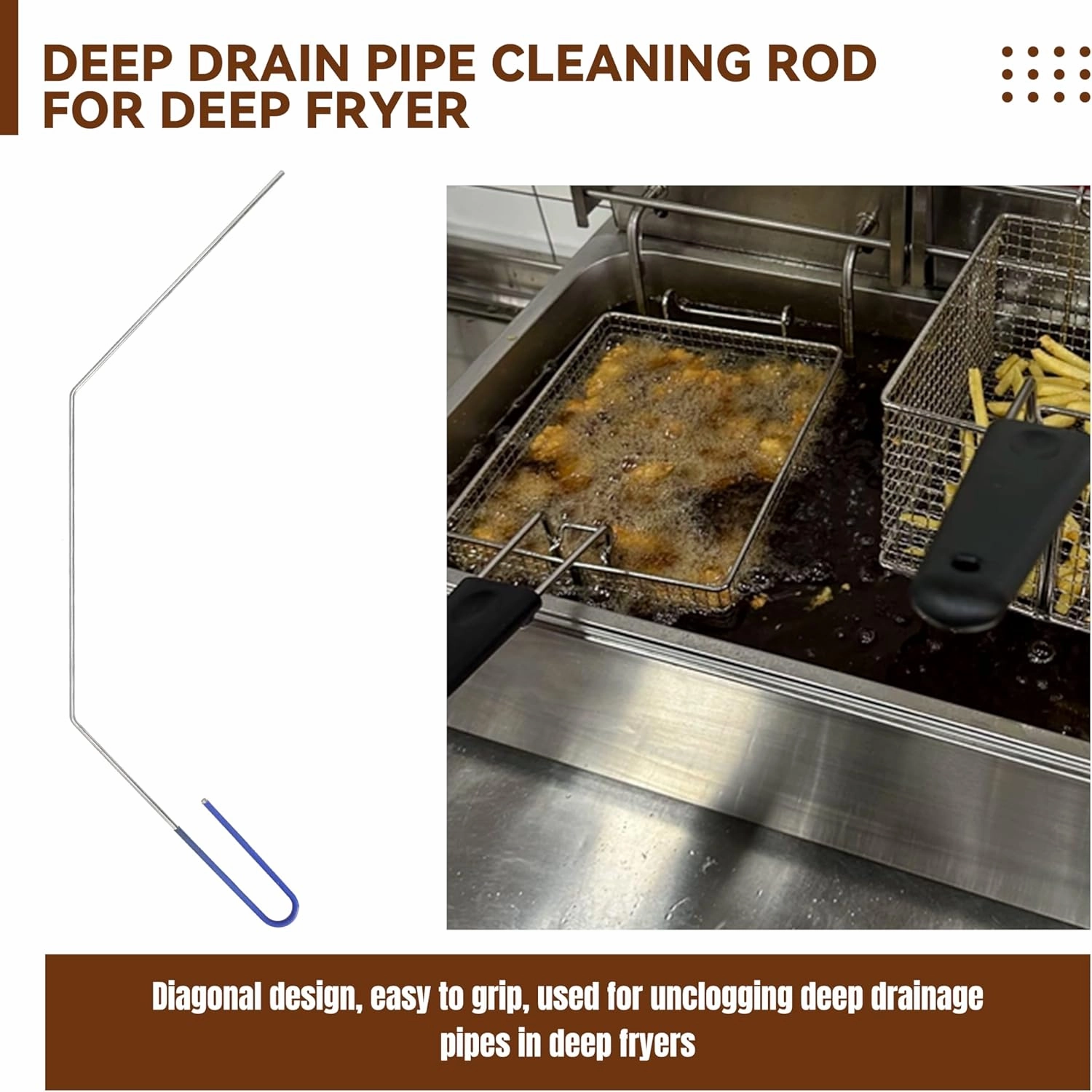 3 Pcs Fryer Cleaning Tools Including L Shaped Brass Bristles Fryer Deep Cleaning Brush, Fryer Deep Cleanout Rod, Long Handle Fryer Basket Brush for Restaurant Air Fryer Cleaning