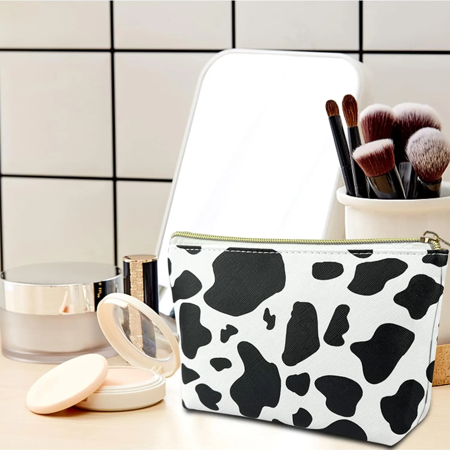 3Pcs Makeup Bag,Travel Makeup Bag,Makeup Bags for Women,Makeup Brush Bag,Large Capacity PU Cosmetic Bag,Waterproof and Durable-Black Cow Pattern