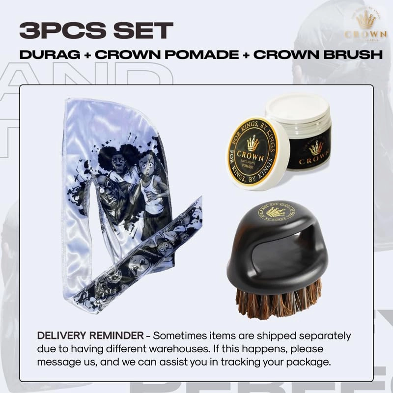 3pcs Set Anime Durag Boar Bristle Hair Brush 360 Wave Pomade - Styling Smoothing Brush Satin Silk Durag Wave Builder 360 Wave Kit Water Based Pomade for Men (White Huey)