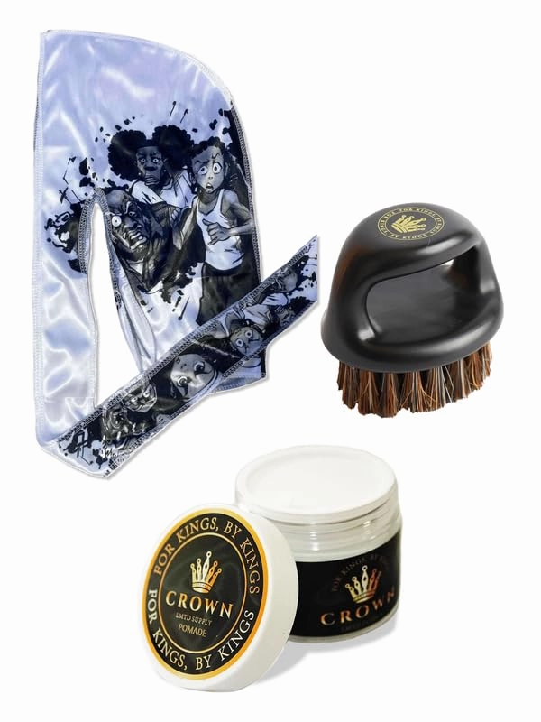3pcs Set Anime Durag Boar Bristle Hair Brush 360 Wave Pomade - Styling Smoothing Brush Satin Silk Durag Wave Builder 360 Wave Kit Water Based Pomade for Men (White Huey)