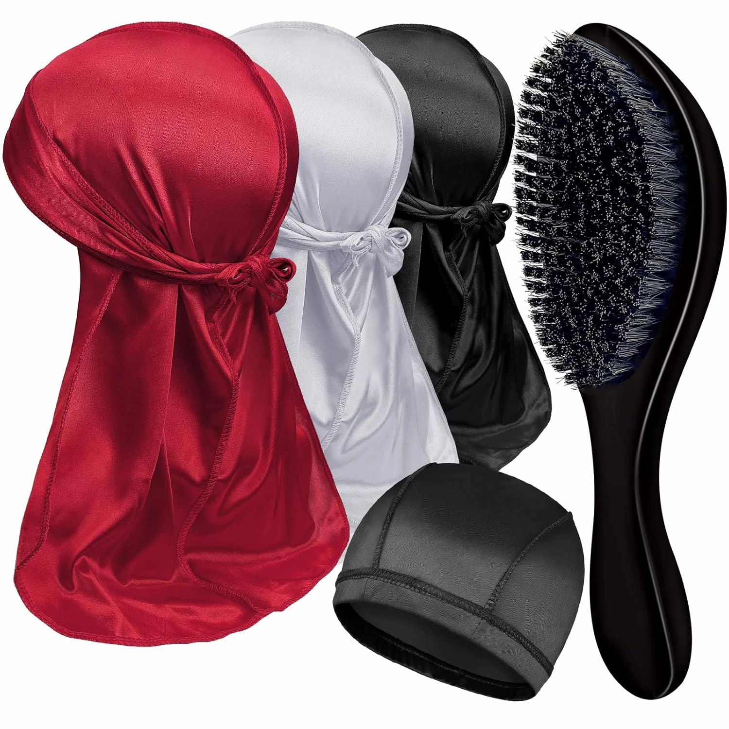 3PCS Silky Durags with 1 Wave Brush Pakcs for Men Waves, Satin Doo Rags and Medium Curve Waves Brush - Made with Boar Bristles