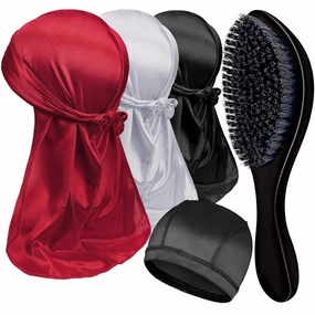 3PCS Silky Durags with 1 Wave Brush Pakcs for Men Waves, Satin Doo Rags and Medium Curve Waves Brush - Made with Boar Bristles