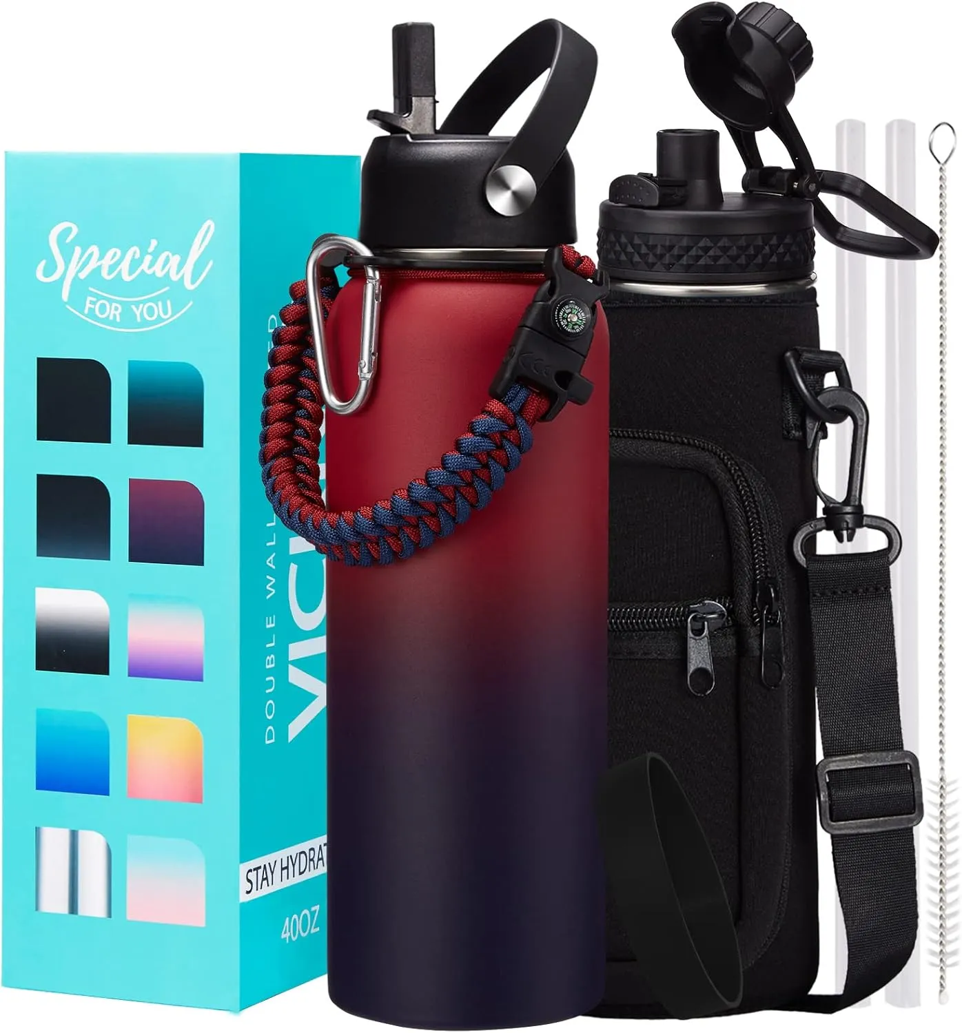 40 OZ Insulated Water Bottles with Straw Lid, Stainless Steel Water Bottle for Men Women, Wide Mouth Water Flask Sports with Shoulder Carrier Bag, Paracord Handle, Straw & Spout Lids