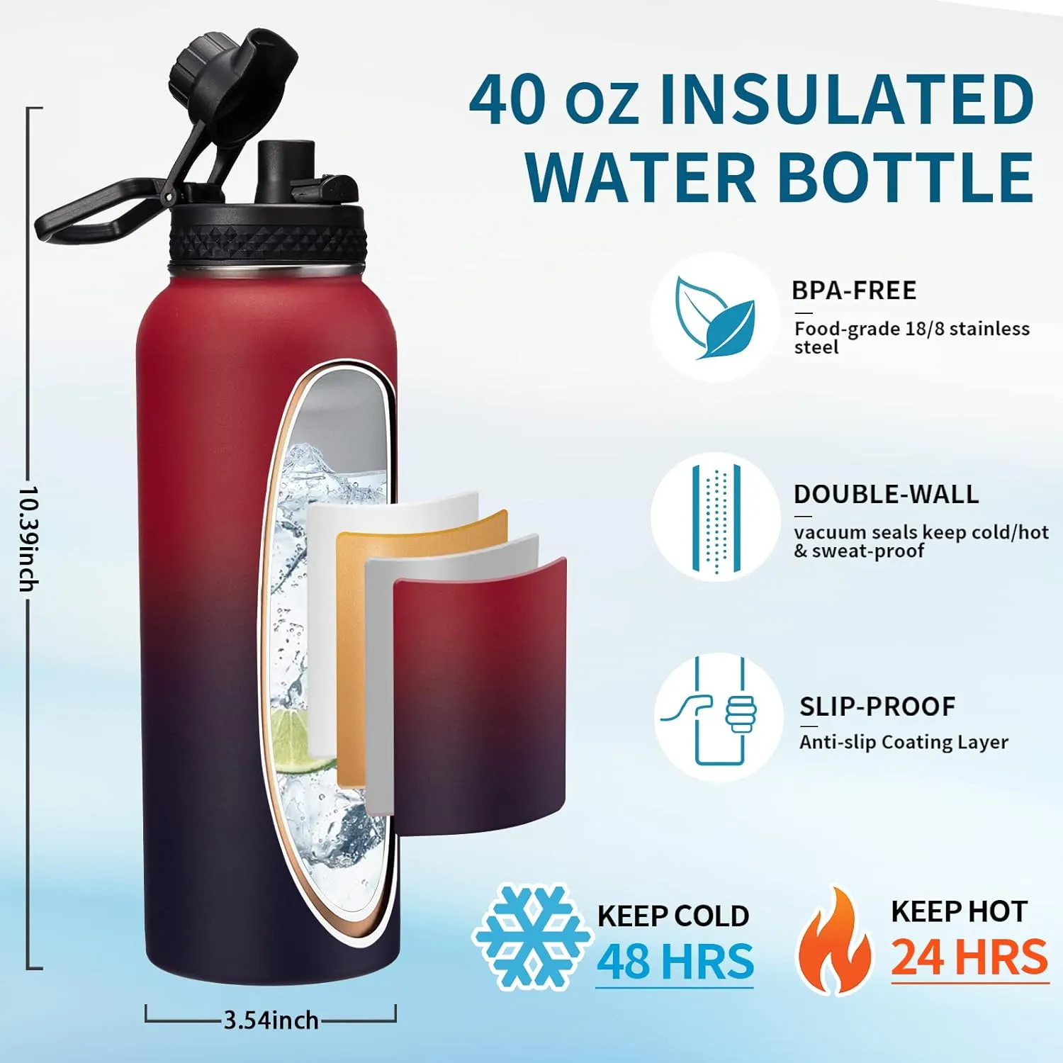 40 OZ Insulated Water Bottles with Straw Lid, Stainless Steel Water Bottle for Men Women, Wide Mouth Water Flask Sports with Shoulder Carrier Bag, Paracord Handle, Straw & Spout Lids