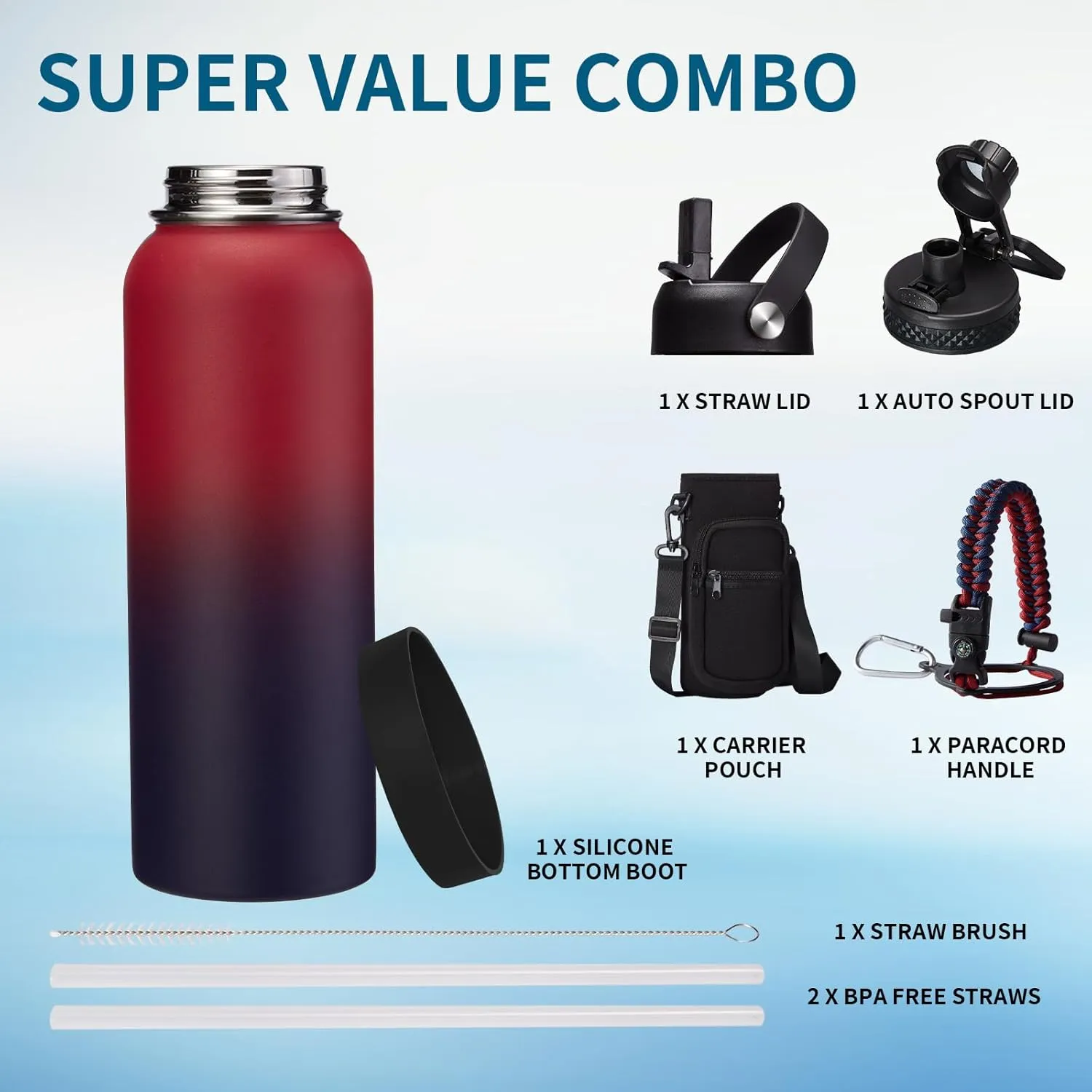 40 OZ Insulated Water Bottles with Straw Lid, Stainless Steel Water Bottle for Men Women, Wide Mouth Water Flask Sports with Shoulder Carrier Bag, Paracord Handle, Straw & Spout Lids