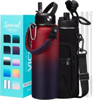 40 OZ Insulated Water Bottles with Straw Lid, Stainless Steel Water Bottle for Men Women, Wide Mouth Water Flask Sports with Shoulder Carrier Bag, Paracord Handle, Straw & Spout Lids