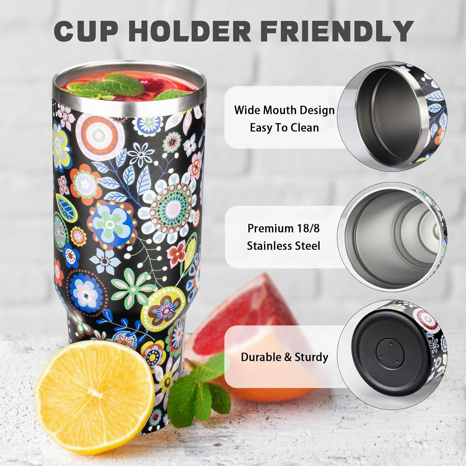 40 oz Tumbler with Lids and Straws, Stainless Steel Insulated Coffee Tumbler, Double Wall Vacuum Insulated Travel Mug Cup, Leakproof Thermal Coffee Cup for Hot and Cold Drinks (Flower)