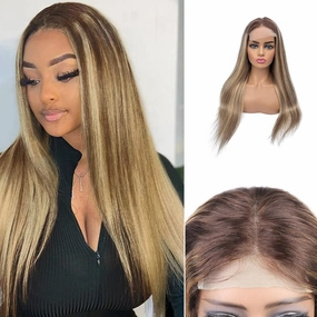 4*4 Straight Lace Closure Human Hair Wigs Brazilian Lace Front Wig for Women 150% Density Pre Plucked with Baby Hair Bleached Knots,16Inch Straight Lace Wig Light Brown to Blonde Hair Replacement Wig