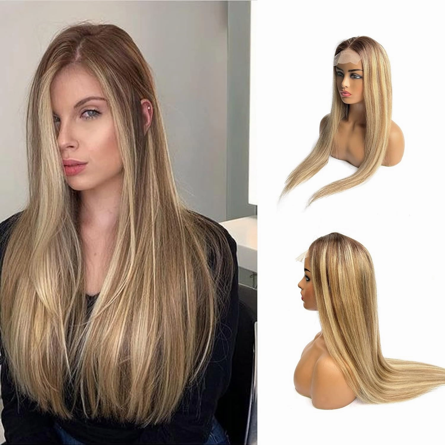 4*4 Straight Lace Closure Human Hair Wigs Brazilian Lace Front Wig for Women 150% Density Pre Plucked with Baby Hair Bleached Knots,16Inch Straight Lace Wig Light Brown to Blonde Hair Replacement Wig
