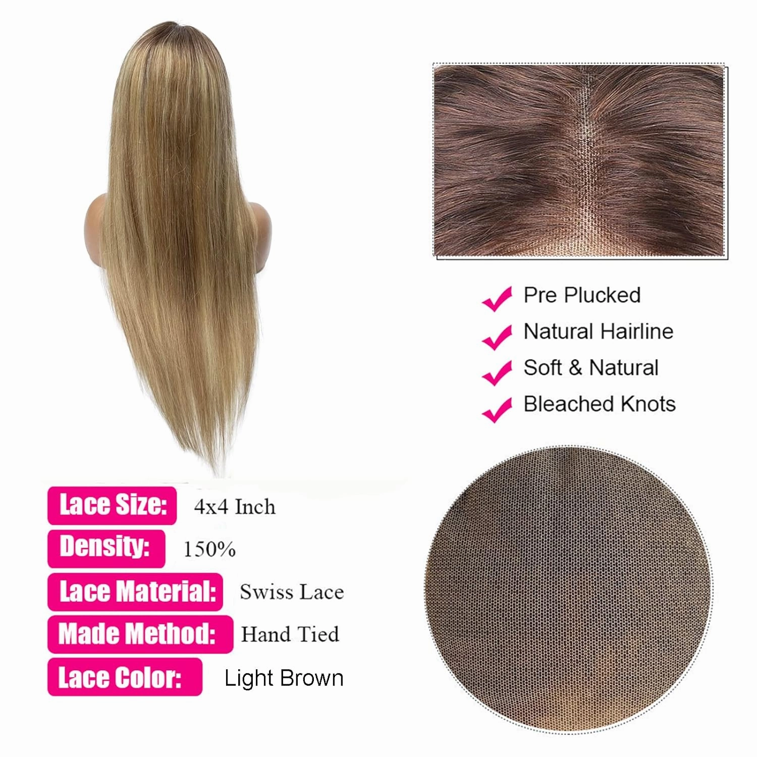 4*4 Straight Lace Closure Human Hair Wigs Brazilian Lace Front Wig for Women 150% Density Pre Plucked with Baby Hair Bleached Knots,16Inch Straight Lace Wig Light Brown to Blonde Hair Replacement Wig