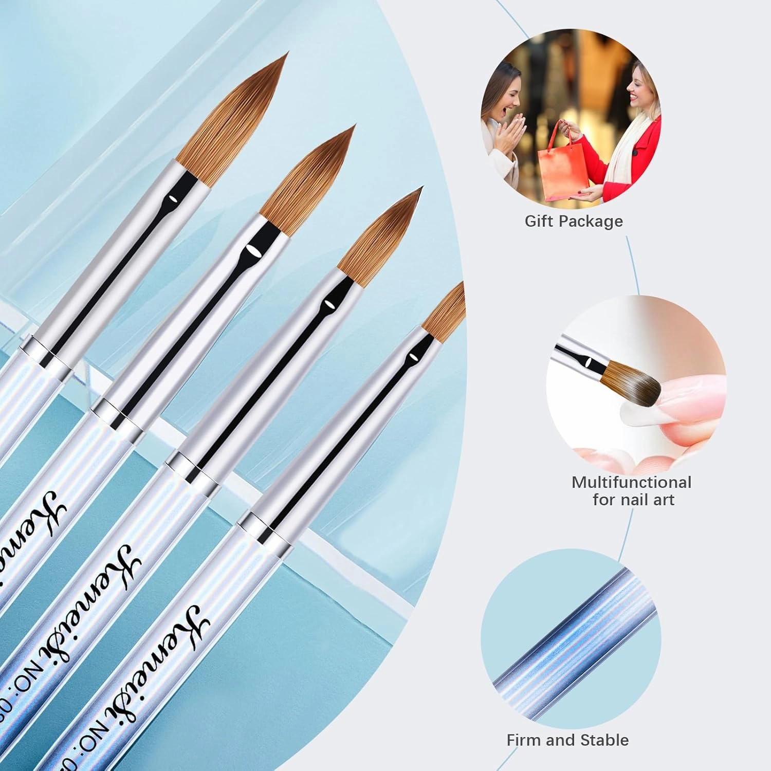 4-in-1 Acrylic Nail Brush Set, Size 04/08/10/14 Kolinsky Nail Art Brushes, Sturdy Oval-shaped Handles, Professional DIY Home Manicure Tools