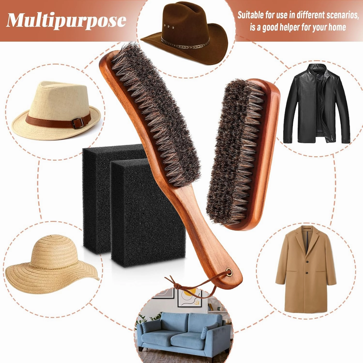 4 Pcs Horsehair Felt Hat Brush Kit with Cleaning Sponge Cowboy Clean Hat Wood Fedora Hat Cleaning Set Baseball Cap Lint Brush Remove Dust for Hair Furniture Suits Clothes(Style A)