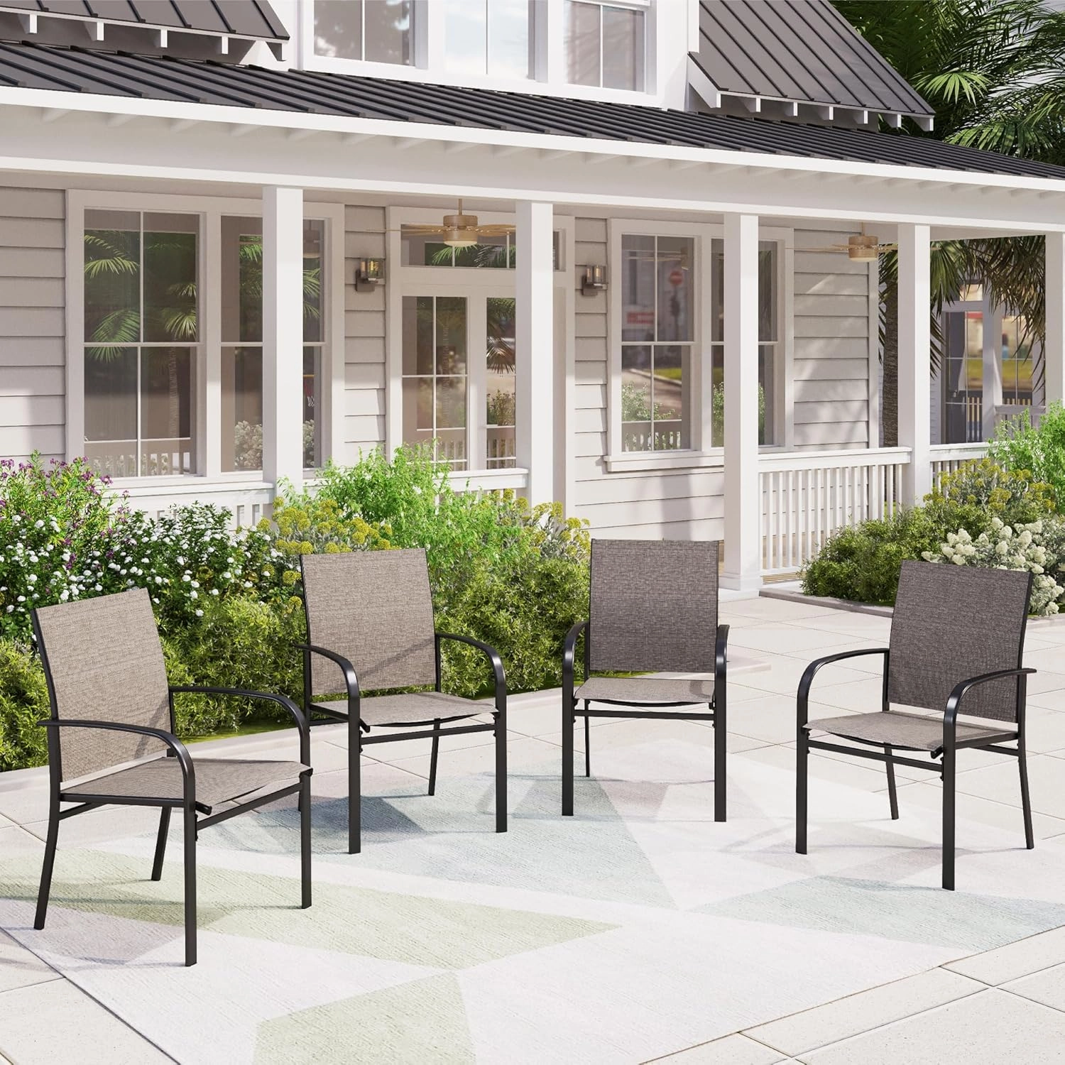 4 Pieces Outdoor Textilene Dining Chairs,Patio Dining Chairs Set, Fixed Patio Chairs with Armres, Brown