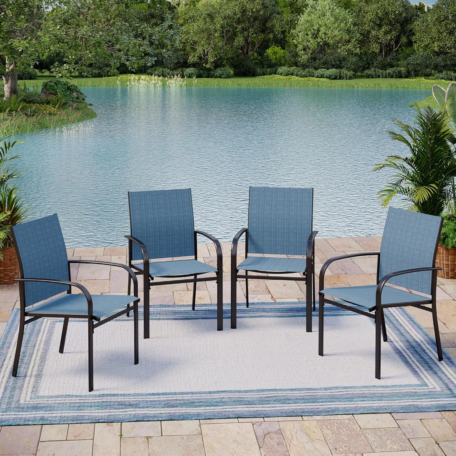 4 Pieces Outdoor Textilene Dining Chairs,Patio Dining Chairs Set, Fixed Patio Chairs with Armrest, Blue