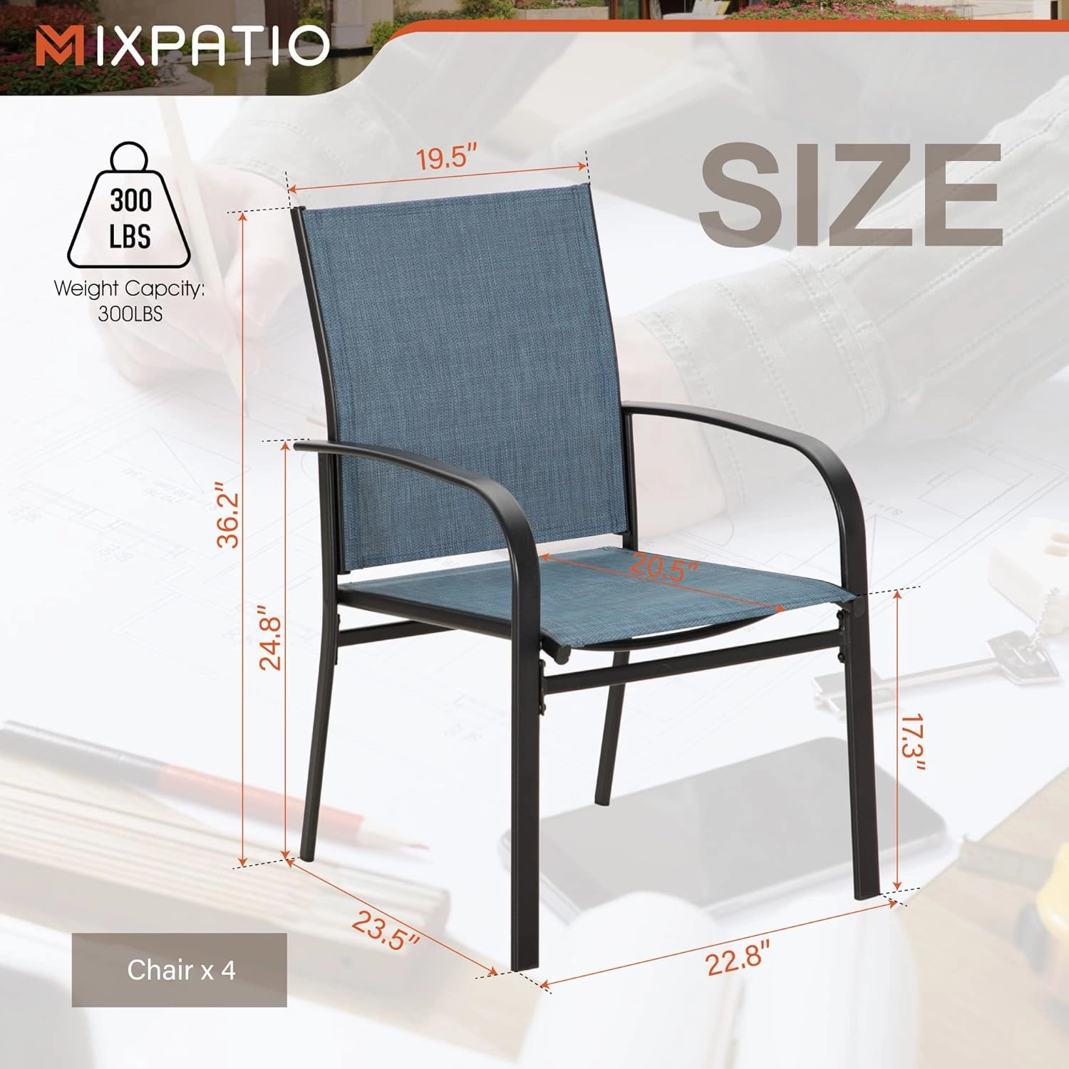 4 Pieces Outdoor Textilene Dining Chairs,Patio Dining Chairs Set, Fixed Patio Chairs with Armrest, Blue