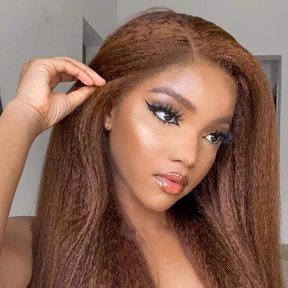 4C Kinky Edges Brown Kinky Straight Wigs Human Hair Pre Plucked HD Transparent Deep Pating 13X6 Lace Front Wigs Human Hair Chestnut Brown Yaki Straight Brazilian Hair Glueless Wigs 150% Density 18"