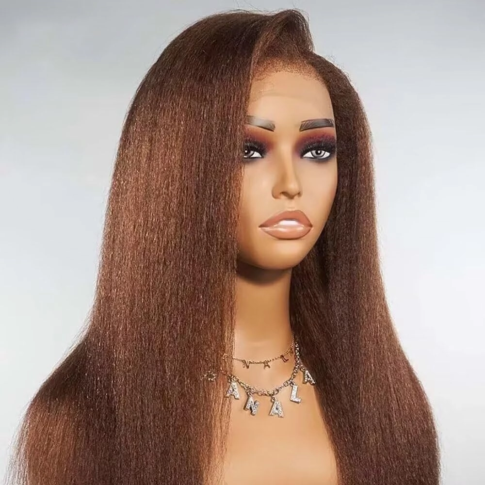 4C Kinky Edges Brown Kinky Straight Wigs Human Hair Pre Plucked HD Transparent Deep Pating 13X6 Lace Front Wigs Human Hair Chestnut Brown Yaki Straight Brazilian Hair Glueless Wigs 150% Density 18"