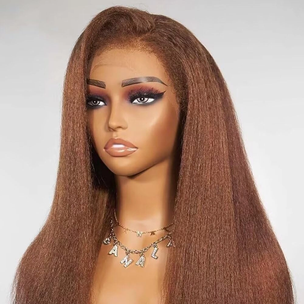 4C Kinky Edges Brown Kinky Straight Wigs Human Hair Pre Plucked HD Transparent Deep Pating 13X6 Lace Front Wigs Human Hair Chestnut Brown Yaki Straight Brazilian Hair Glueless Wigs 150% Density 18"