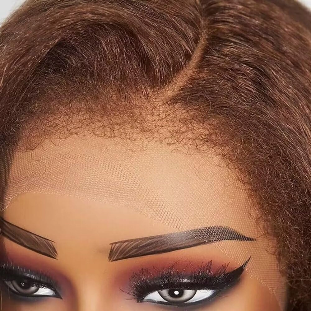 4C Kinky Edges Brown Kinky Straight Wigs Human Hair Pre Plucked HD Transparent Deep Pating 13X6 Lace Front Wigs Human Hair Chestnut Brown Yaki Straight Brazilian Hair Glueless Wigs 150% Density 18"