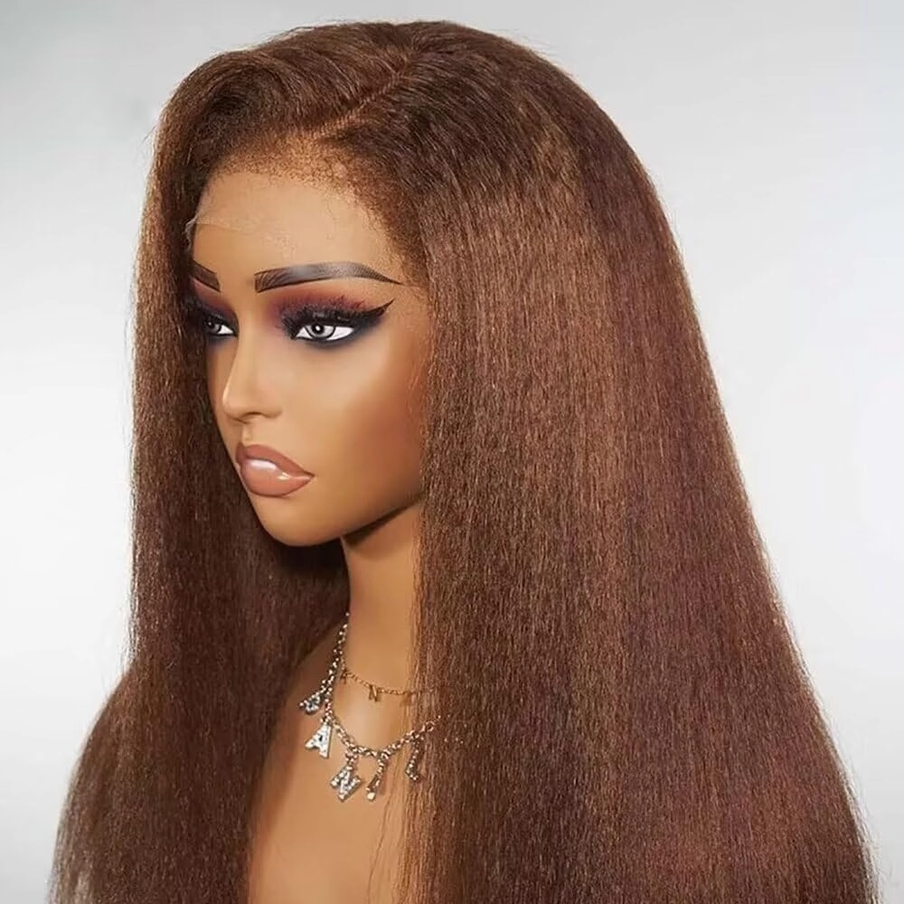 4C Kinky Edges Brown Kinky Straight Wigs Human Hair Pre Plucked HD Transparent Deep Pating 13X6 Lace Front Wigs Human Hair Chestnut Brown Yaki Straight Brazilian Hair Glueless Wigs 150% Density 18"
