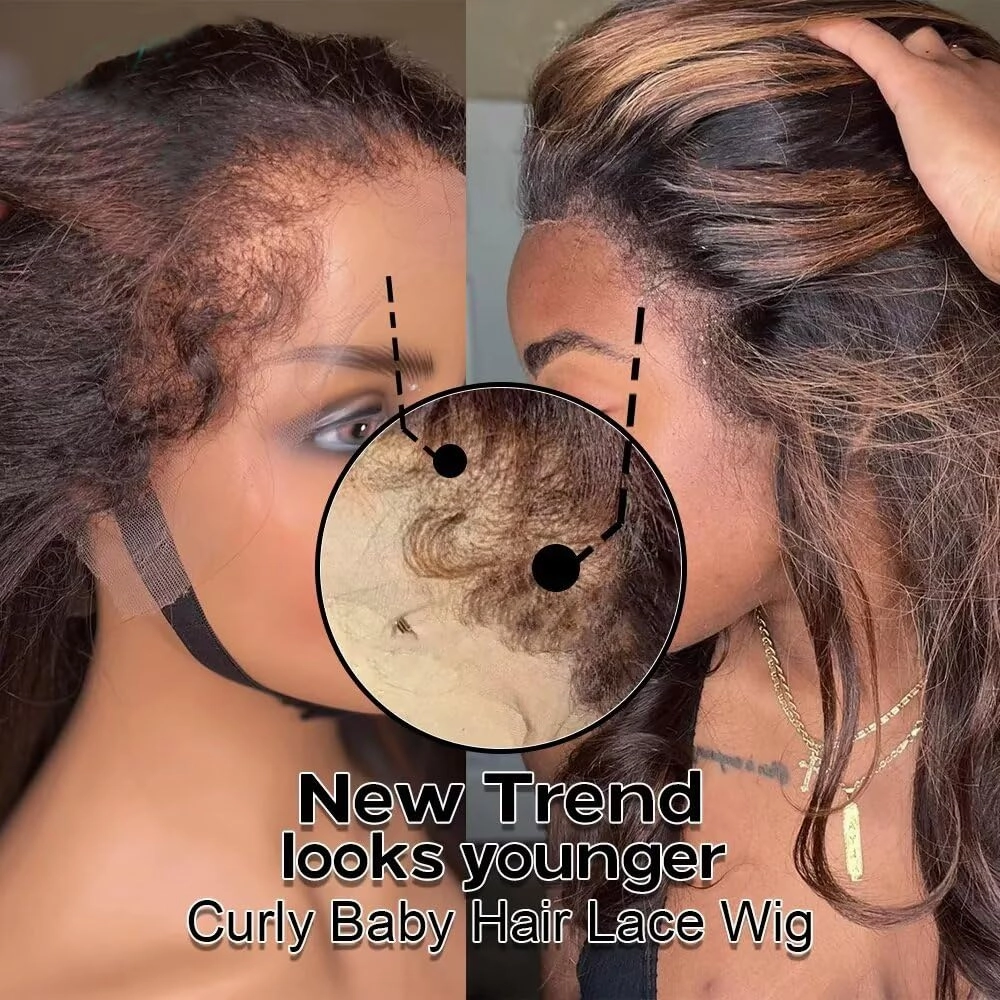 4C Kinky Edges Human Hair Body Wave Wigs #1B/30 Highlight Lace Front Wigs Glueless HD Transparent 13X6 Lace Frontal Brazilian Remy Hair Wigs 150% Density Ombre Brown Human Hair Wigs 18Inch
