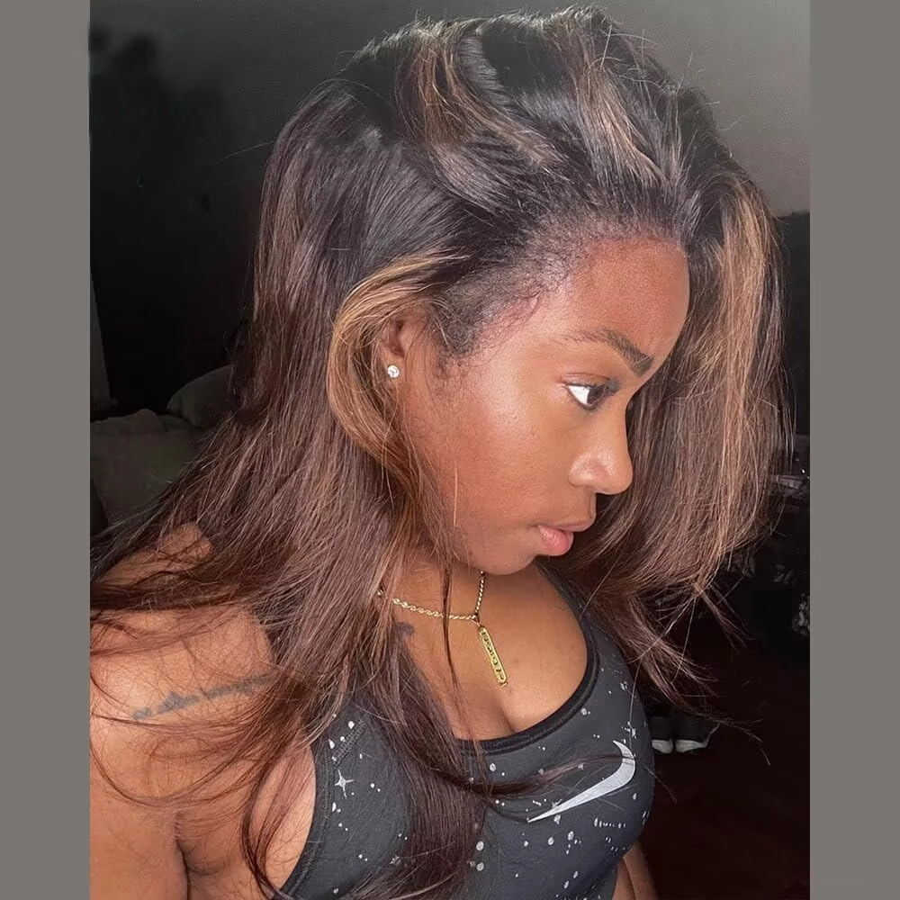 4C Kinky Edges Human Hair Body Wave Wigs #1B/30 Highlight Lace Front Wigs Glueless HD Transparent 13X6 Lace Frontal Brazilian Remy Hair Wigs 150% Density Ombre Brown Human Hair Wigs 18Inch