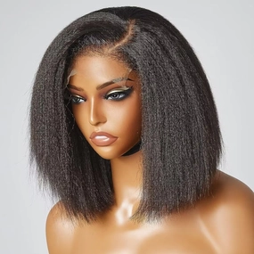 4C Kinky Edges Human Hair Short Bob Yaki Wigs Pre Plucked Brazilian Remy Human Hair HD Transparent Lace Short Bob Wigs 13X6 Lace Front Wigs with Curly Baby Hair For Woman 150% Density Kinky Wigs