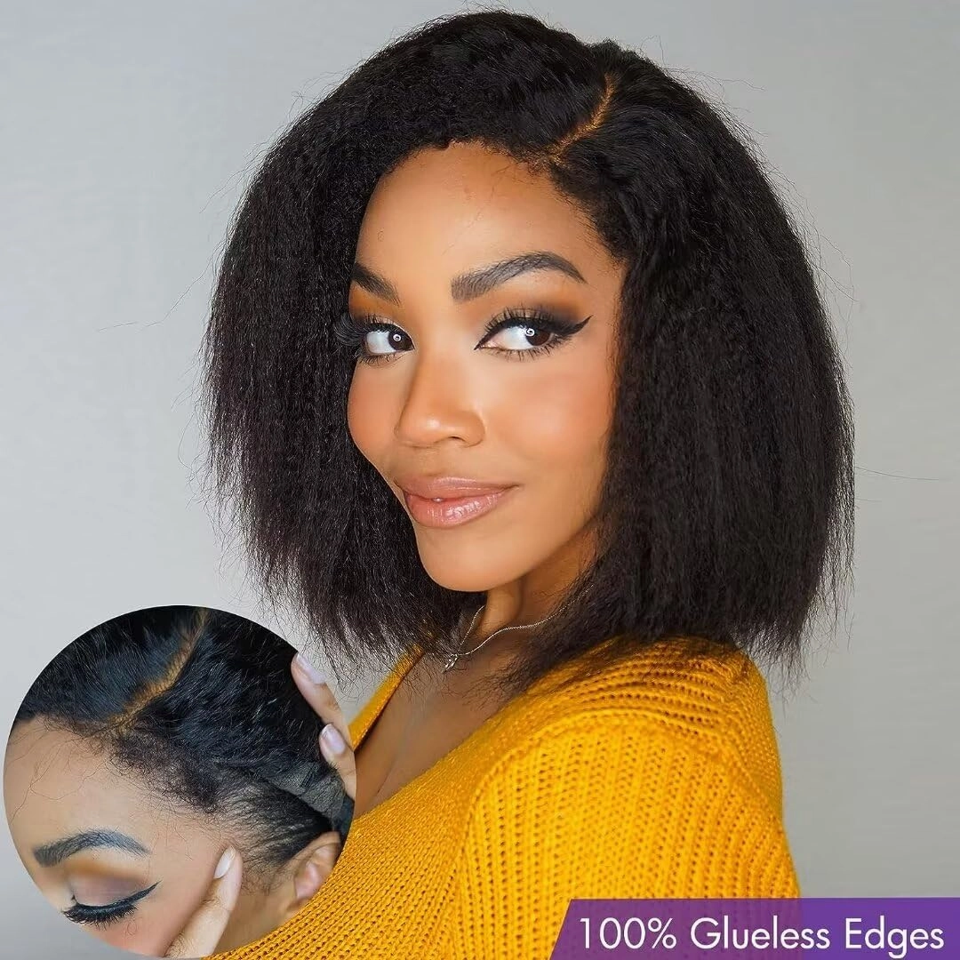 4C Kinky Edges Human Hair Short Bob Yaki Wigs Pre Plucked Brazilian Remy Human Hair HD Transparent Lace Short Bob Wigs 13X6 Lace Front Wigs with Curly Baby Hair For Woman 150% Density Kinky Wigs