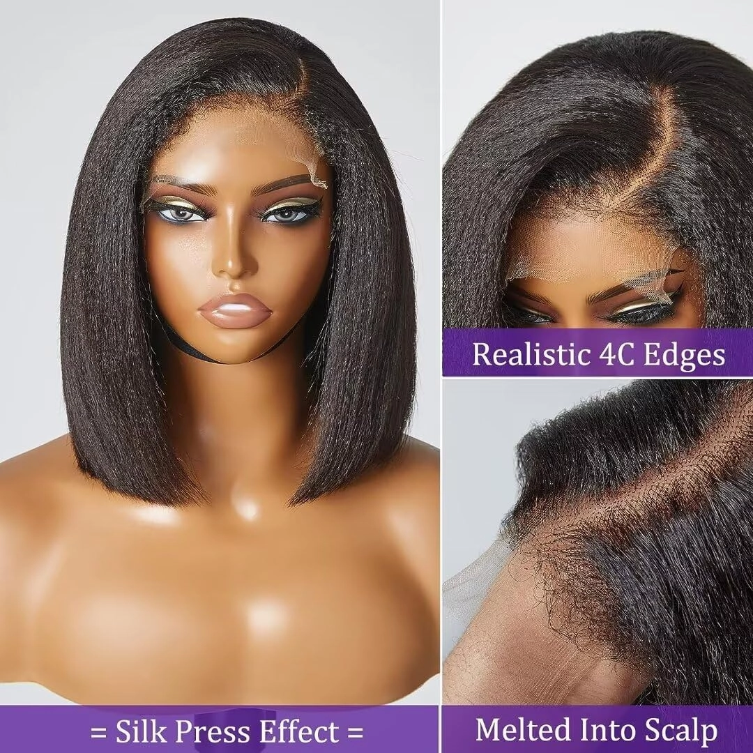 4C Kinky Edges Human Hair Short Bob Yaki Wigs Pre Plucked Brazilian Remy Human Hair HD Transparent Lace Short Bob Wigs 13X6 Lace Front Wigs with Curly Baby Hair For Woman 150% Density Kinky Wigs