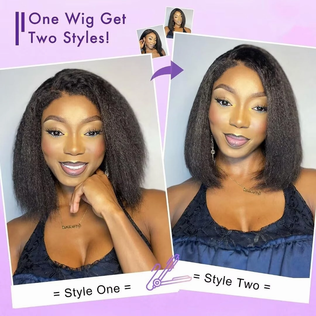 4C Kinky Edges Human Hair Short Bob Yaki Wigs Pre Plucked Brazilian Remy Human Hair HD Transparent Lace Short Bob Wigs 13X6 Lace Front Wigs with Curly Baby Hair For Woman 150% Density Kinky Wigs