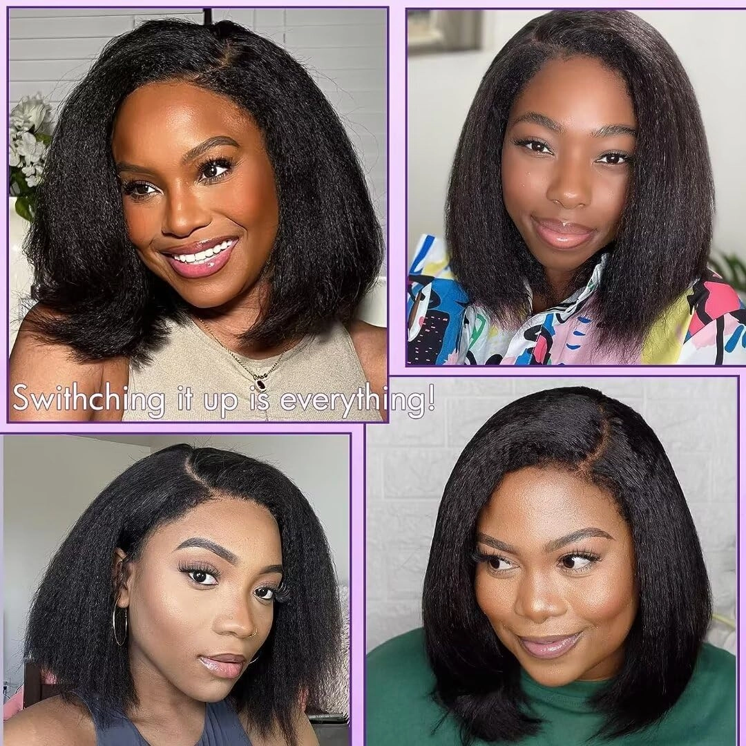 4C Kinky Edges Human Hair Short Bob Yaki Wigs Pre Plucked Brazilian Remy Human Hair HD Transparent Lace Short Bob Wigs 13X6 Lace Front Wigs with Curly Baby Hair For Woman 150% Density Kinky Wigs
